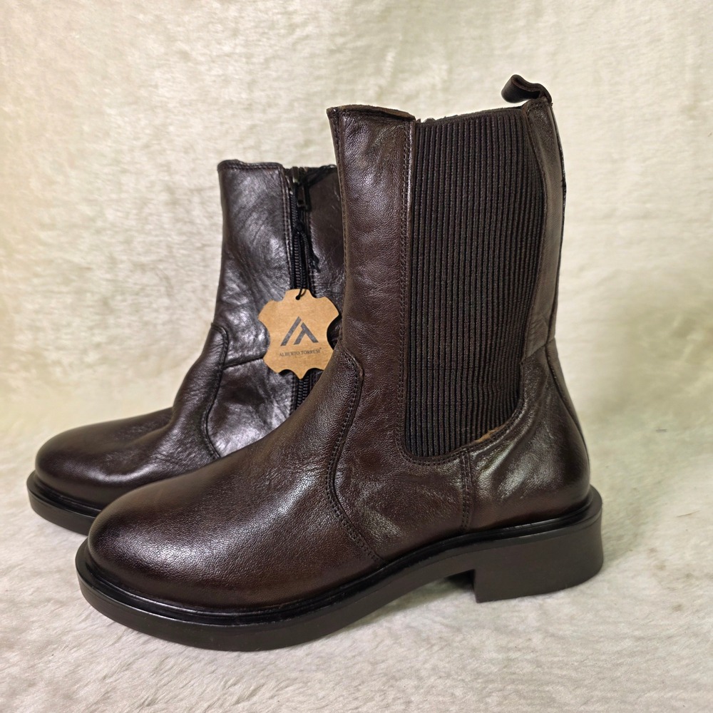Alberto Torresi Leather Chelsea High Ankle Boots Brown Side Zip Women 37 6 NEW